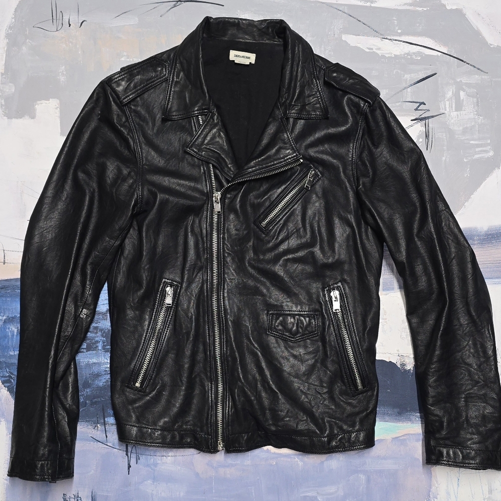 ZADIG & VOLTAIRE Mens Lascaro Crinkle Lamb Leather Jacket Motorcycle Black Sz L*
